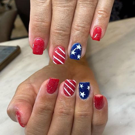 PRICES MAY VARY. 4th of July Press on Nails: Beautiful and cute short square independence day press on nails french false nails comes with has 12 different sizes, you can choose them to be polished to the most suitable size, it fits any finger perfectly. High Quality Material False Nails: These blue red false nails are made of quality acrylic material, non-toxic and gentle to your nails and skin, durable and not easy to be scratched, will give you a nice manicure experience. Cute False Nails: Gl Red Nail Glitter, Nails Patriotic, Red Nails Glitter, Nails Short Square, Usa Nails, Fourth Of July Nails, Press On Nails Short, 4th Of July Nails, Seasonal Nails