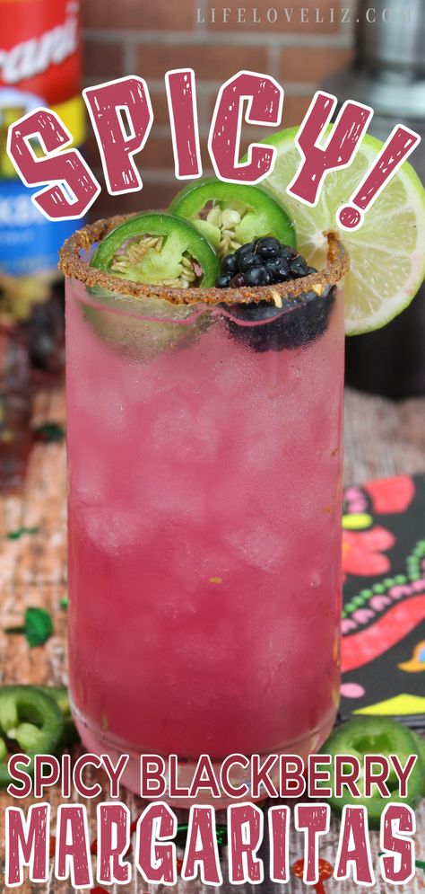 Spice up your summer with this delicious Spicy Blackberry Margarita recipe made with Tajin seasoning, Tequila, blackberry liqueuer, and more. Grapefruit Mojito Recipe, Blackberry Liquor, Spicy Blackberry Margarita, Blackberry Margarita Recipe, Mango Mojito Recipe, Tajin Seasoning, Blackberry Margarita, Mango Mojito, Alcohol Free Drinks