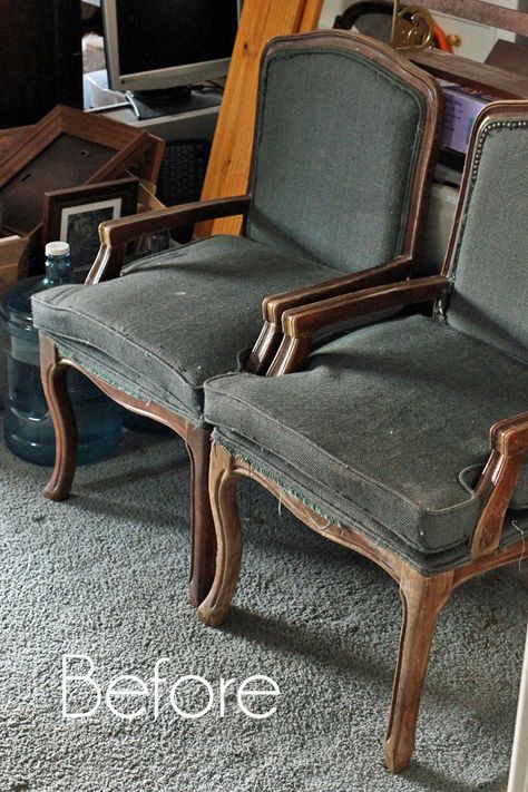 Hey there awesome Friends! I am really excited about today's makeover! I'm sharing how I transformed a pair of chairs I found at the thrift store at least two years ago. Isn't that ridiculous? I knew they were going to be a ton of work, so I just kept overlooking them. Well I am SO thrilled French Provincial Chair, Chair Redo, Staining Furniture, Pair Of Chairs, Diy Furniture Redo, Reupholster Chair, Reupholster Furniture, Cottage Furniture, Chair Makeover