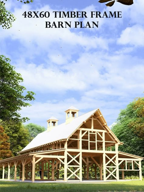 This 48×60 timber frame barn plan includes a 24-foot-wide monitor core with shed roofs that lean to on each side.  There are (5) bays at 12' spacing to make up the 60' in length measured at the posts. With the addition of the (2) 12-foot sheds, the total footprint is 48' wide by 60' long. The large size of this barn allows you to use the space for multiple purposes where the core could be a working shop or showroom and the shed roofs could be storage, offices, or even bedrooms. There are (2) storage lofts on each end that could be turned into other spaces with the addition of a stair or kept as is with ladder access. The center (3) bays are a soaring vaulted space with king post trusses up high. Options abound with this barn and plans. Working Barn, Party Barn, Farmers Market, you name it. Timber Frame Barndominium, Heavy Timber Architecture, Barn Layout Multi Animal, Monitor Barn Plans, Barn Ideas Buildings, Large Shed House, Wedding Barn Venue Ideas, Pole Barn Wedding, Party Barn Interior