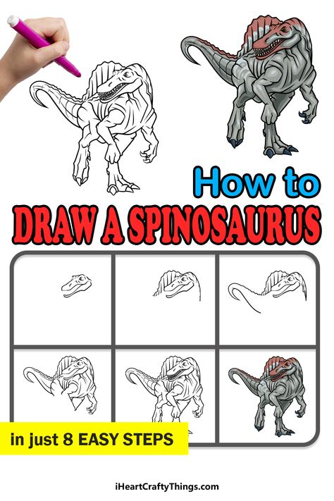 How To Draw Spinosaurus, Dinosaur Drawing Tutorial, How To Draw T Rex Step By Step, Velociraptor Drawing Easy, Dianousor Drawing Easy, Ancient Rome Projects, Draw Doodles, Dragon Coloring, Drawing Instructions