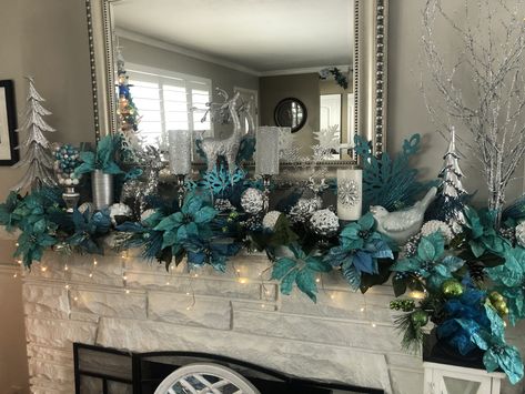 Chanukah Mantle Decor, Turquoise Fireplace, Christmas Trees Theme, Christmas Mantel Decor, Mantel Decor Ideas, Wonderland Christmas, Christmas Open House, Chanukah Decor, Christmas Mantle Decor