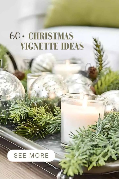 Discover 60  creative and inspiring ideas for styling festive Christmas vignettes. Find tips to add holiday charm to your home! Christmas Vignettes Ideas, Winter Dough Bowl, Christmas Vignettes Display, Vignettes Styling Display Ideas, Christmas Tray Decor Ideas, Christmas Foyer, Christmas Decor Food, Christmas Vignette, Stone Gable