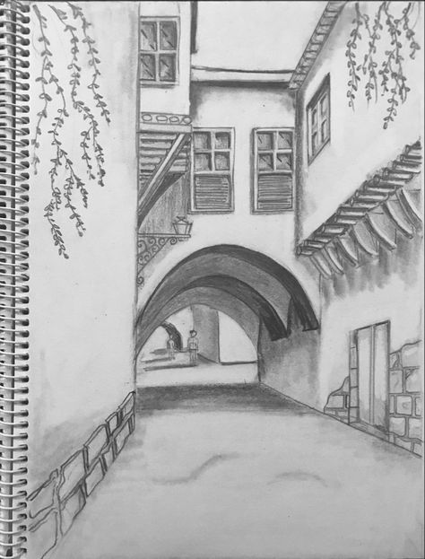 Drawing Ideas Pencil Easy Simple Landscape, Simple Landscape Drawing Sketch, Old Street Drawing, Scenery Sketches Pencil Easy, Landscape Pencil Drawings Easy, Easy Landscape Ideas Drawing, Landscape Sketch Easy, Landscapes To Draw, Nature Drawings Simple Sketch