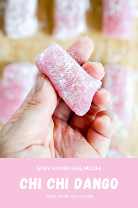 Closeup of a hand holding a pink mochi piece Chi Chi Dango Mochi Recipe, Chi Chi Dango, Mochi Recipe Microwave, Mochi Desserts, Easy Mochi, Homemade Mochi, What Is Mochi, Dango Recipe, Pink Mochi