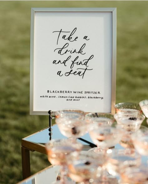 Grab A Drink Before Ceremony, Ceremony Drinks Station, Wedding Welcome Drink Station, Welcome Drink Table Ideas, Welcome Party Food Ideas, Champagne Before Wedding Ceremony, Ceremony Welcome Drinks, Wedding Ceremony Drinks, Welcome Champagne Wedding