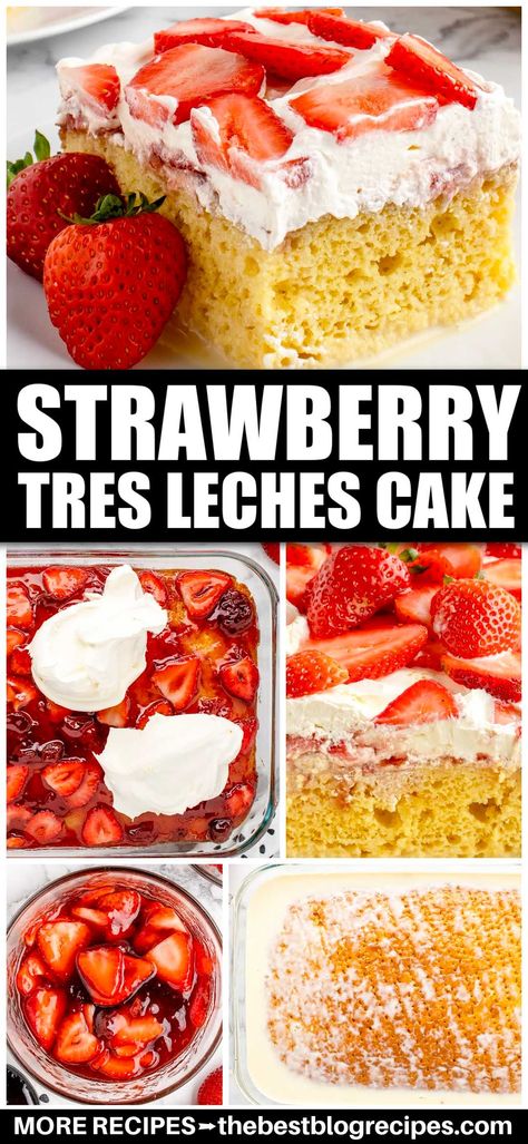 Des Leches Cake, Mexican Strawberry Shortcake, Tres Leches Cake With Strawberry Filling, Box Mix Tres Leches Cake, Strawberry Desserts Cake, Tres Leches Cake Recipe Strawberry, Tres Leches With Cake Mix, Pretty Tres Leches Cake, Strawberry Mexican Dessert