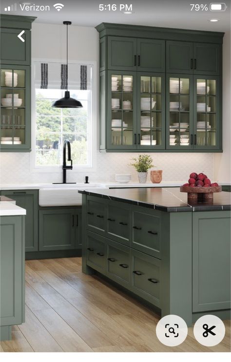 Green Kitchen Cabinets With Black Hardware, Sage Green And Black Kitchen, Green Kitchen Interior, Royal Kitchen, Green Kitchen Designs, Dark Green Kitchen, Sage Green Kitchen, Green Kitchen Cabinets, Diy Kitchen Renovation