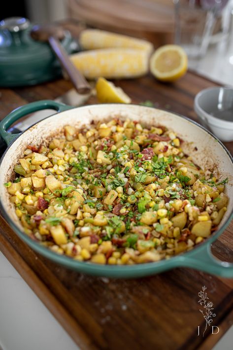 Potatoes And Corn Recipes, Sautéed Corn, Corn And Potatoes, Corn Side, Onion Potatoes, Corn Side Dish, Salted Potatoes, Savory Sides, Cilantro Chicken