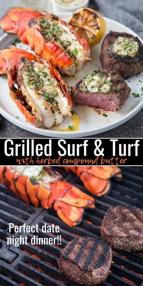 Surf And Turf Bbq, Surf Turf Dinner Recipes For, Surf And Turf Birthday Party, Surf And Turf Grill Recipes, Filet Mignon Surf And Turf, Date Night Grilling Recipes, Surf And Turf Dinner Party, Dinner Recipes Grill, Grilled Surf And Turf