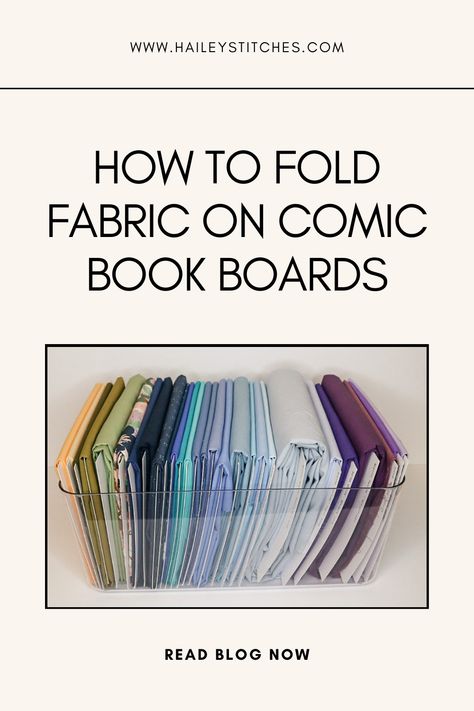 Organize your fabric stash in no time with this easy fabric storage tutorial. Fold your fabric on comic book boards for easy storage and organization. The uniform sizes easily stack and you can display them on your shelves or file them into containers. Folding Fabric On Comic Boards, Comic Book Boards For Fabric Storage, Folding Fabric For Storage, Fabric Stash Organization, Quilt Size Charts, Sewing Supplies Organization, Fabric Organization, Studio Storage, Sewing Room Inspiration