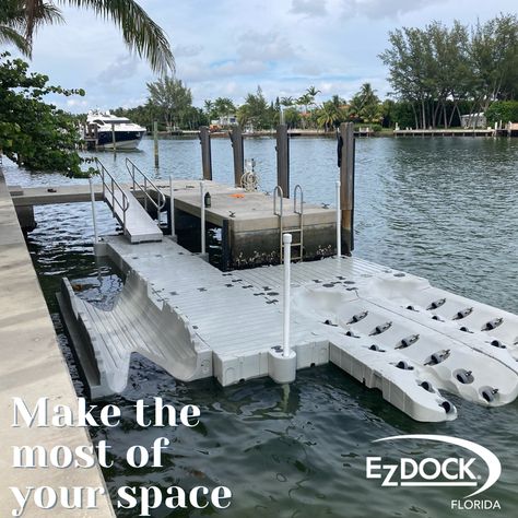 Even if you are working with a limited amount of space, our modular system can provide so much room for activities! Check out this compact design with a EZ Kayak Launch and a double EZ Port 2i Setup! Call us to design the perfect system! #EZDock #Dock #FloatingDock #DockLife #Kayak #KayakLaunch #Waterfront #PWC #JetSki #Watercraft Kayak Launch, Boat Hoist, Jet Ski Dock, Nautical Lighting, Floating Dock, Welding And Fabrication, Jetski, Personal Watercraft, River House