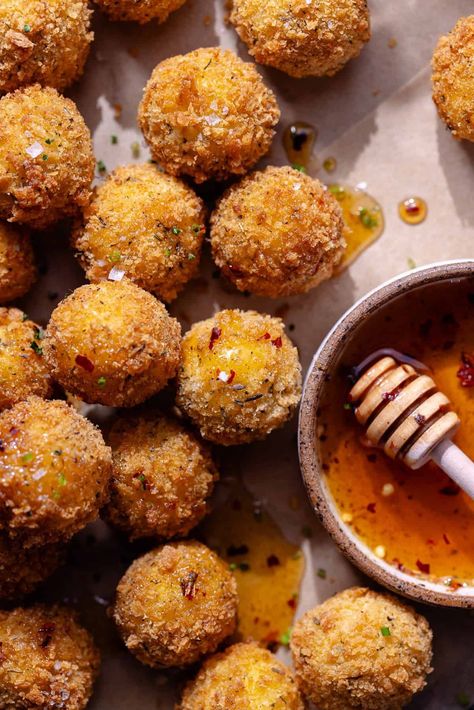 Fried Goat Cheese Balls | Short Stack Kitchen Hot Honey Cheese, Goat Cheese Ball, Fried Goat Cheese Balls, Honey Cheese, Fried Balls, Goat Cheese Balls, Crazy Bread, Fried Goat Cheese, Light Sauce