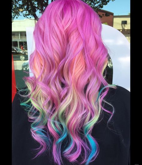 Rainbow Pink Hair, Pink Hair Rainbow Highlights, Pink Hair With Rainbow Highlights, Pink And Rainbow Hair, Pink Rainbow Hair, New Hair 2023, Colourful Hair Ideas, Hidden Rainbow Hair, Pastel Rainbow Hair