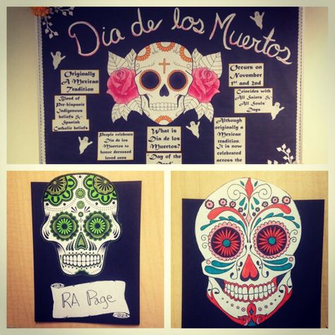 Day Of The Dead Bulletin Board, Dorm Bulletin Boards, Ra Inspiration, October Bulletin Boards, Holiday Boards, Southern Aesthetic, College Bulletin Boards, Ra Themes, Ra Bulletin Boards