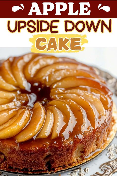 Apple Upside-Down Cake Recipe - Insanely Good Apple Pie Upside Down Cake, Carmel Apple Upside Cake, Apple Cake Homemade, Dessert Recipes Using Apple Juice, Apple Cinnamon Upside Down Cake, Caramel Upside Down Apple Cake, Upside Down Apple Bundt Cake, Apple Upsidedown Cake Recipe, Upside Down Apple Caramel Cake