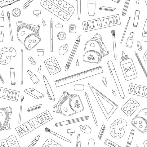 Vector seamless pattern of black and white stationery, office or school supplies. Back to school repeat background with isolated monochrome backpack, pen, pencil, ruler, glue, paint, brush, book Black And White Stationery, Stamp Book, Eraser Stamp, Binder Paper, Glue Painting, Brush Background, Accounting Logo, School Logo, Pen Pencil