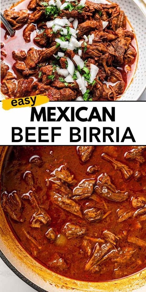 Beef birria or Mexican birria de res is a hearty slow-cooked stew that's packed with incredible flavor and super tender beef. You can enjoy it on its own or whip up some delicious birria tacos! How To Make Birria De Res Recipe, Beef Barrio Tacos, Instant Pot Birria Recipe, Beef Birria Recipe Mexican, Easy Birria Recipe, Birria Recipe Mexican, Authentic Pozole, Birria Recipes, Barrio Tacos