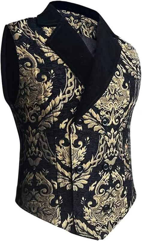 VELLRYU Mens Victorian Double Breasted Vest Gothic Steampunk Waistcoat, Black, X-Large : Amazon.ca: Clothing, Shoes & Accessories Gold Vest, Double Breasted Vest, Waistcoat Men, Gothic Steampunk, Sleeveless Jacket, Jacquard Weave, Jacquard Fabric, White Shirts, Formal Wear