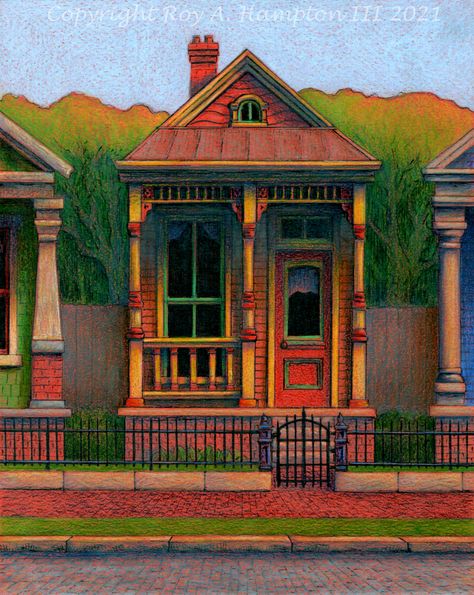 Ink and colored pencil drawing of an imaginary shotgun house based on New Orleans architecture. This one has the classic New Orleans Victorian turned porch posts and spindlework. New Orleans Shotgun House, French Quarter Art, House Drawings, House Paintings, New Orleans Architecture, Dream Eater, Shotgun House, Porch Posts, House Photos