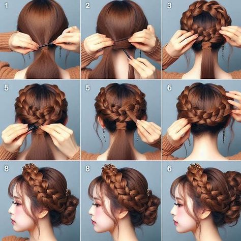 A braided crown is a gorgeous and whimsical hairstyle that gives a regal touch to your homecoming look. To create this style, part your hair down the middle and braid two sections on each side of your head. Wrap each braid around the crown of your head and pin them in place. This hairstyle works best on medium to long hair and gives off a romantic, boho vibe that’s perfect for homecoming. Side Crown Braid, Braided Updo For Wedding, Bun With Crown, Crown Hairstyles Braided, Coronet Braid, Braided Crown Updo, Crown Braid Tutorial, The Wet Look, Crown Updo