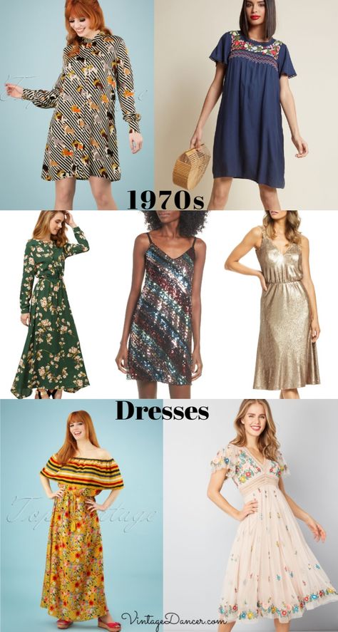 1970s dresses, 70s dresses, 1970s outfits ideas at VintageDancer.com 1970s Fashion Women Dresses, Vintage Outfits 70s Dresses, 1970s Fashion Women Outfits, History Costumes, Disco Dresses, 1970s Outfits, 70s Fashion Women, 70s Dresses Vintage, 70’s Dresses