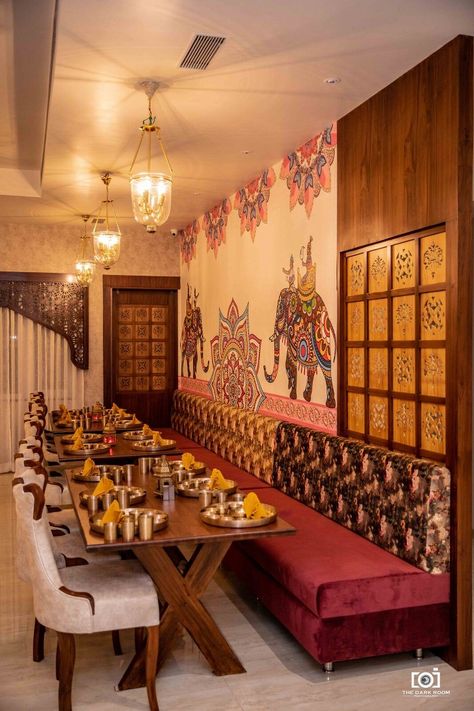 Rajasthani Restaurant Interior Design, Indian Traditional Restaurant Design, Indian Style Cafe Interior, Traditional Style Restaurant Design, Resturant Ideas Design Interiors Indian, Dhaba Style Restaurant Interior, Biryani Restaurant Interior, Indian Style Restaurant Interior, Traditional Thai Restaurant Design