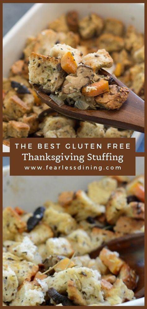 Everyone loves a good homemade stuffing recipe and this gluten free stuffing is so easy to make. Thanksgiving dressing is perfect for turkey. Filled with persimmon and shiitake mushrooms, this gluten free stuffing made from scratch is so easy to make!! #Thanksgiving #stuffing #dressing #homemadestuffing #fearlessdining #glutenfree Gluten Free Dressing Recipes, Gluten Free Stuffing Thanksgiving, Homemade Stuffing Recipe, Gluten Free Stuffing Recipes, Gluten Free Dressing, Homemade Stuffing Recipes, Gluten Free Recipes Side Dishes, Gluten Free Holiday Recipes, Gluten Free Turkey