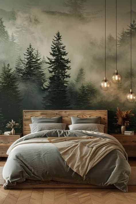 Forest-Themed Bedroom Decor Tips | Green Snooze Forest Themed Bedroom, Forest Bedroom, Forest Room, Forest Mural, Scandinavian Wallpaper, Forest Wall Mural, Rustic Bedroom Decor, Forest Wallpaper, Design Del Prodotto