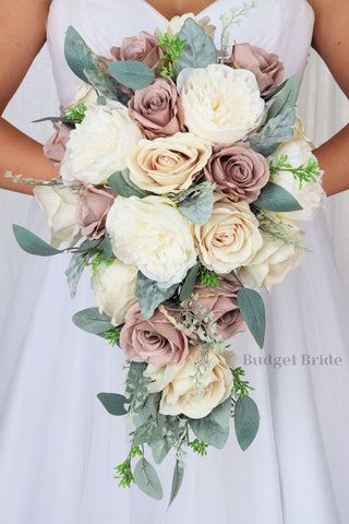 Dusty Rose Cascading Bouquet, Dusty Rose And Sage Green Wedding Centerpieces, Rustic Cascade Wedding Bouquet, Dusty Rose And Sage Green Bridal Bouquet, Dusty Rose And Sage Green Wedding Bouquet, Bouget Flower Wedding, Sage And Mauve Wedding Flowers, Bridal Party Flowers Wedding Bouquets, Sage And Champagne Wedding Flowers