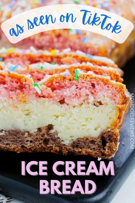 Desserts Made With Ice Cream Sandwiches, Ice Cream Bread Recipe, Neapolitan Bread, Cream Bread Recipe, Apple Fries, Waffle Ice Cream Sandwich, Easy Bakes, Ice Cream Bread, Fun Tiktok