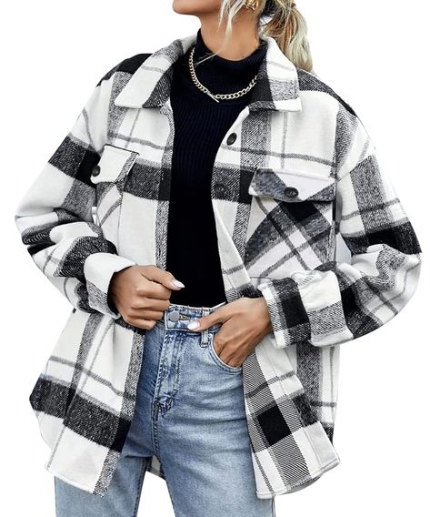 Black White Womens Casual Plaid Shacket Wool Blend Button Down Long Sleeve Shirt Fall Jacket Shackets - AUTOMET Plaid Overcoat, Shacket Outfit, Fuzzy Fabric, Women Overcoat, Long Sleeve Plaid, Plaid Jacket, Fall Jackets, Nylon Fabric, Long Sleeves Jacket