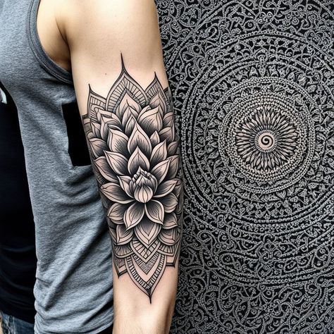 Sacred Journey: Lotus, Mandalas, and Geometry Full Sleeve Tattoo" #SpiritualSleeveTattoo #LotusAndMandalas #SacredGeometryInk #EnlightenmentTattoo #TattooArt Mandala Lotus Tattoo, Enlightenment Tattoo, Half Mandala Tattoo, Lotus Mandala Tattoo, Spiritual Tattoo, Mandala Lotus, Tattoo Women, Spiritual Tattoos, Full Sleeve Tattoo