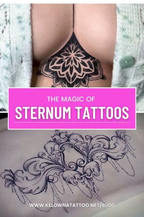 Chest Tattoo Female Sternum, Breast Bone Tattoos For Women, Tattoo Ideas Female Between Breast, Womens Sternum Tattoo, Center Chest Tattoo Female, Tattoos Under Breast, Under Breast Tattoos For Women, Female Chest Tattoo, Under The Breast Tattoo