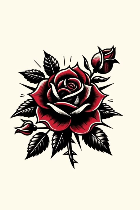 Neo Traditional Roses Tattoo, Red Stencil Tattoo, Rose Tattoo Traditional Old School, Spine Tattoos For Women American Traditional, Traditional Tattoo Designs Men, Traditional Americana Tattoo, Red Roses Tattoo Design, Traditional Tattoos Rose, Red And Black Rose Tattoo