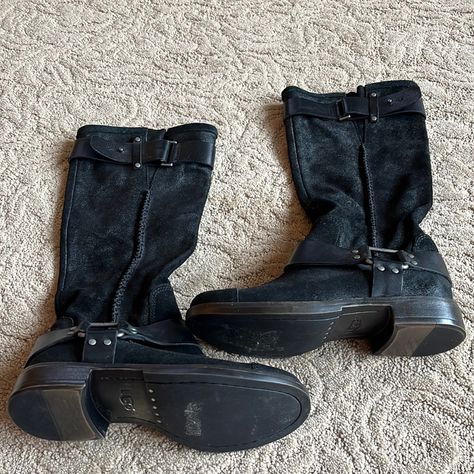 Never Worn Ugg Suede Harness Tall Moto Boots. Black Suede W Trademark Lamb Insole. Grunge Ankle-high Moto Boots For Winter, Slouchy Moto Boots, Winter Grunge Ankle-high Moto Boots, Knee-high Punk Moto Boots For Alternative Fashion, Knee-high Alternative Moto Boots, Rugged Black Ankle-high Moto Boots, Tall Uggs, Punk Boots, Moto Boots