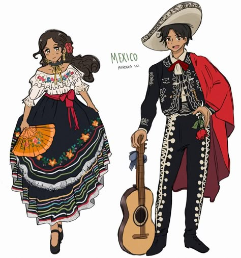 Mexican Indians Tribes, Mexican Person Drawing, Ancient Mexican Clothing, Mexico Character Design, Mexican Dress Drawing, Mexico Clothes Traditional, Mexico Outfit Ideas Mexican, Mexico Culture Outfits, Mexican Girl Drawing