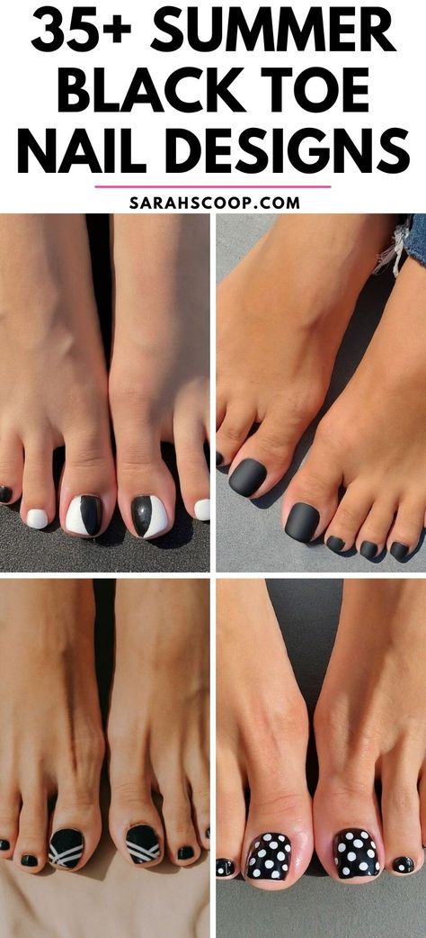 These unique and trendy black toe nail designs are perfect for the summer season!🖤 #toenails #nailart #nails Diy Toenail Designs Easy, Black And White Pedicure Toenails, Checkered Toe Nails, Black Toenails With Design, Black Nails Pedicure, Black Toes With Design, Black Toes Polish, Pedicure Black Toenails, Black Toe Nails With Design