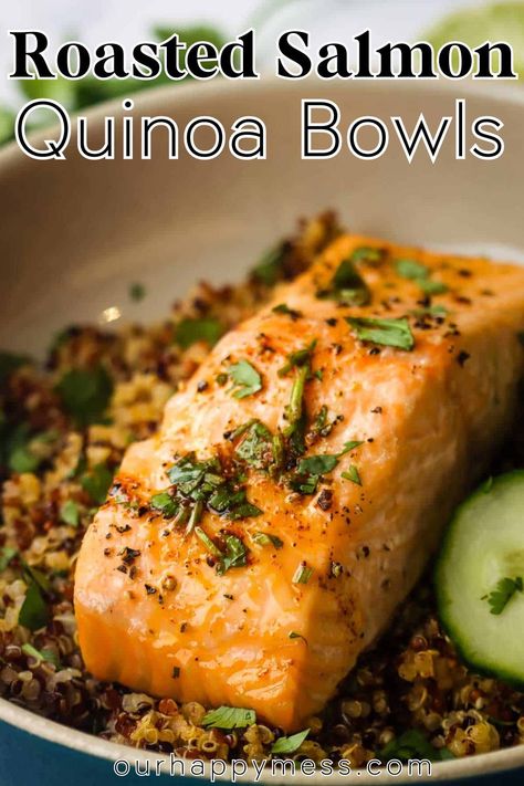 These roasted salmon quinoa bowls with a punchy lime and chili dressing are full of protein, healthy fats, whole grains and, best of all, FLAVOR!    They’re easy to make and come together quickly on a weeknight. Quinoa Recipes With Salmon, Salmon With Quinoa, Salmon And Quinoa Recipes, Salmon Quinoa Bowl, Shrimp Quinoa Bowl, Southwest Quinoa, Quinoa Side Dish, Cilantro Lime Quinoa, Chili Lime Dressing