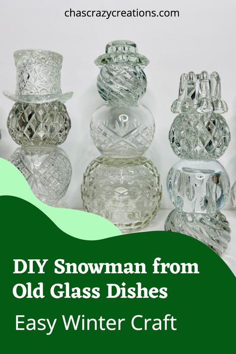 DIY snowman from old glass dishes easy winter craft Snowman Glass Bowl, Glass Dish Decor Ideas, Glass Garden Art Diy Creative Ideas, Dollar Tree Snowman Diy, Glass Bowl Snowman Diy, Glass Bowl Christmas Tree Diy, Glass Snowman Diy, Diy Glass Christmas Tree, Plastic Glass Craft Ideas