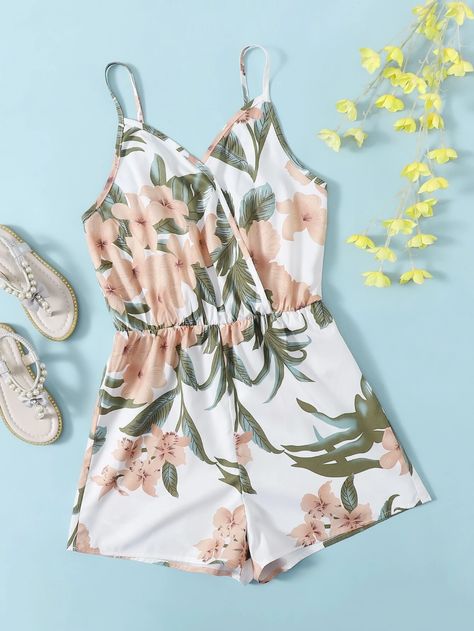 SHEIN Teen Girls Floral Print Cami Romper | SHEIN Outer Banks Outfits, Cute Nike Outfits, Cami Romper, Rompers For Kids, Floral Cami, Korean Fashion Dress, Fabric Floral, Cute Summer Outfits