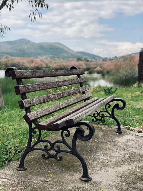 Bike parked on shabby wooden terrace in rural area · Free Stock Photo Old Park Bench, Field And Mountains, Wooden Park Bench, Bench Drawing, Photo To Watercolor, Old Benches, Park Benches, Grey Benches, Wooden Terrace