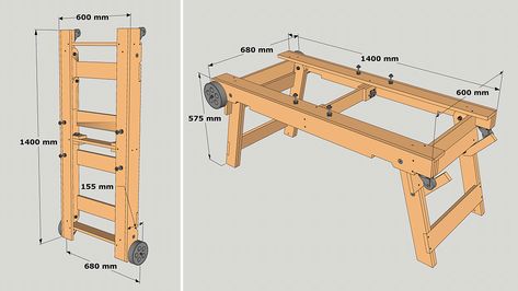 DIY Rolling Foldable Table Saw Stand - Paoson Blog Foldable Table Saw Stand, Table Saw Stand Plans, Diy Foldable Workbench, Free Diy Plans, Portable Table Saw Stand, Foldable Workbench, Miter Saw Stand Plans, Folding Table Diy, Diy Miter Saw Stand