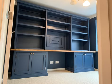 Bespoke Office Desk Library Wall made to order this is an example, any size and design can be made to fit your space.  Norwood design home Made To Order This one is 300cm in width  220cm high total back section and 63cm worktop total depth  Doors are 40mm solid oak traditional shaker style with 18mm plywood panel  Shelves 45mm thick pine edges 12mm pine x 3 sandwiched  It's painted in farrow and ball stiffkey blue and oak top waxed in stripped pine beeswax. Made from oak,pine and hardwood ply Pi Corner Seating Kitchen, Whimsy Goth Bedroom, Woman Bedroom Ideas, Desk Library, Grown Woman Bedroom Ideas, Studio In Casa, Basement Diy, Goth Bedroom, Office Built Ins