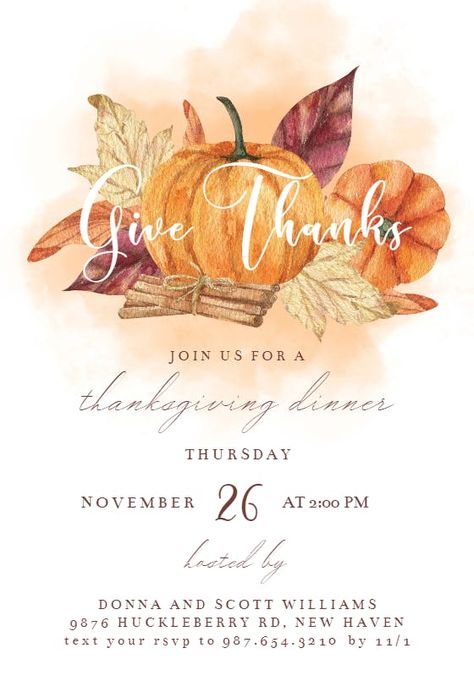 Watercolor Pumpkin - Invitación De Acción De Gracias | Greetings Island Thanksgiving Invites Free Printable, Thanksgiving Invitation Template Free, Thanksgiving Invitation Ideas, Thanksgiving Events, Blank Wedding Invitation Templates, 2023 Thanksgiving, Thanksgiving Invitation Template, Thanksgiving Templates, Friendsgiving Invite