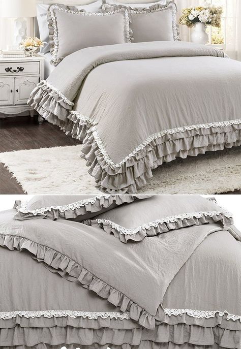 Ruffle And Lace Comforter Set Colored Comforter, Farmhouse Bedding Sets, Comforters Sets, Rustic Bedroom Decor, Lush Decor, Farmhouse Bedding, Master Bed, Unique Beds, Condo Living