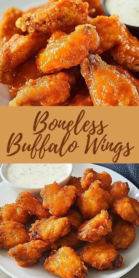 🔥 Spice up your snack game with these easy boneless buffalo wings! Crispy, juicy chicken bites coated in a tangy buffalo sauce – perfect for game day, parties, or just because! 🏈 Serve them with ranch or blue cheese dip for an irresistible treat that everyone will devour. Ready in minutes and absolutely delicious! #BuffaloWings #GameDayFood #ChickenRecipes #SnackTime #PartyFood 🍗 Boneless Buffalo Wings Recipe, Boneless Buffalo Chicken Bites, Boneless Buffalo Wings, Buffalo Chicken Wing, Chicken Breast Dinner Ideas, Buffalo Chicken Sauce, Buffalo Wings Recipe, Wings Crispy, Chicken Breast Dinner