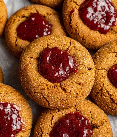 Ginger Thumbprint Cookies with Pomegranate Kumquat Jam - Cherry on my Sundae Kumquat Jam, Ginger Jam, Jam Thumbprint Cookies, Jelly Cookies, Thumbprint Cookies Recipe, Ice Cream Scooper, Seasonal Desserts, Ginger Peach, Jam Cookies