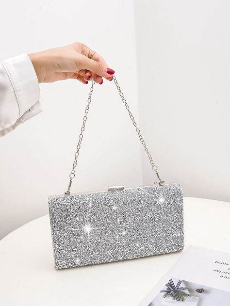 Silver Glamorous Collar  Plastic   Embellished   Women Bags Sparkly Silver Clutch, Prom Bag Silver, Silver Prom Purse, Silver Bag Prom, Silver Evening Bag, Silver Prom Bag, Prom Bags Clutches, Bags For Prom, Formal Bags