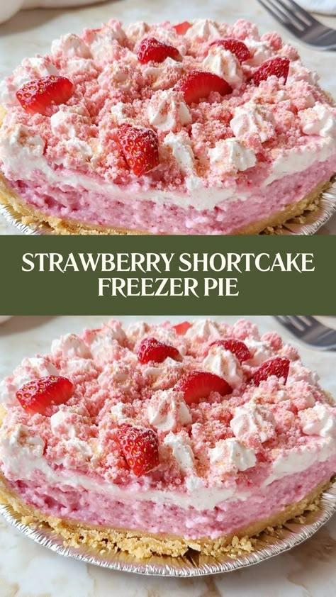 Chill out this summer with a bite of heaven! This Strawberry Shortcake Freezer Pie is the perfect blend of creamy, dreamy goodness with a crispy, buttery crust. 🍓🍰 #SummerTreats #FrozenDelight #NoBakeDesserts #SweetAndCreamy #StrawberryShortcake #ChilledPerfection #EasyPeasy #DessertGoals #CoolAndCreamy #SummerVibes Frozen Strawberry Shortcake Dessert, Strawberry Pie Filling Desserts, Strawberry Graham Cracker Dessert, Recipes With Frozen Strawberries, Strawberry Deserts Recipes, Recipes Using Frozen Strawberries, Strawberry Pie Bars, Healthy Strawberry Desserts, Strawberry Shortcake Pie